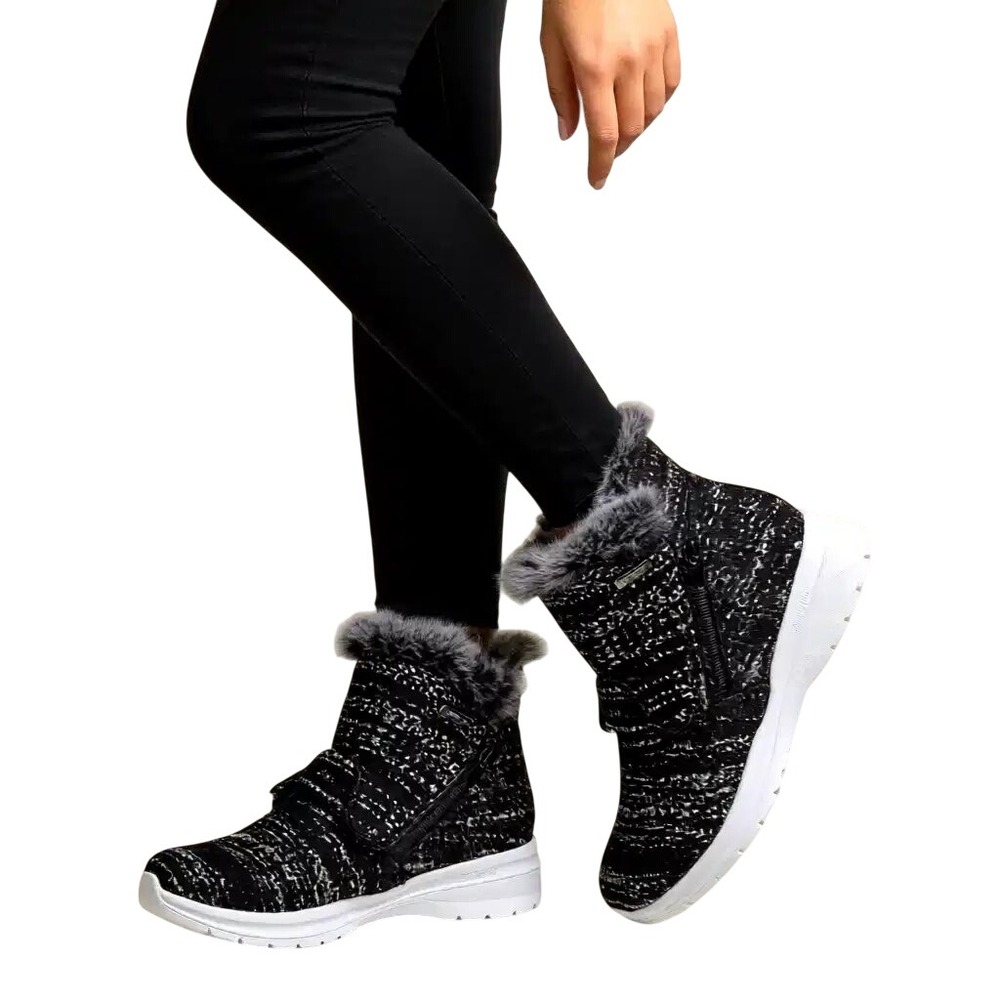 Telic Apres-Ski Recovery Ankle Boots Blk Wht Faux Fur Trim Side Zip Women NWT